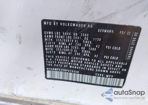 2022 Volkswagen Id.4 Pro из США, поврежденный, VIN WVGRMPE25NP070358